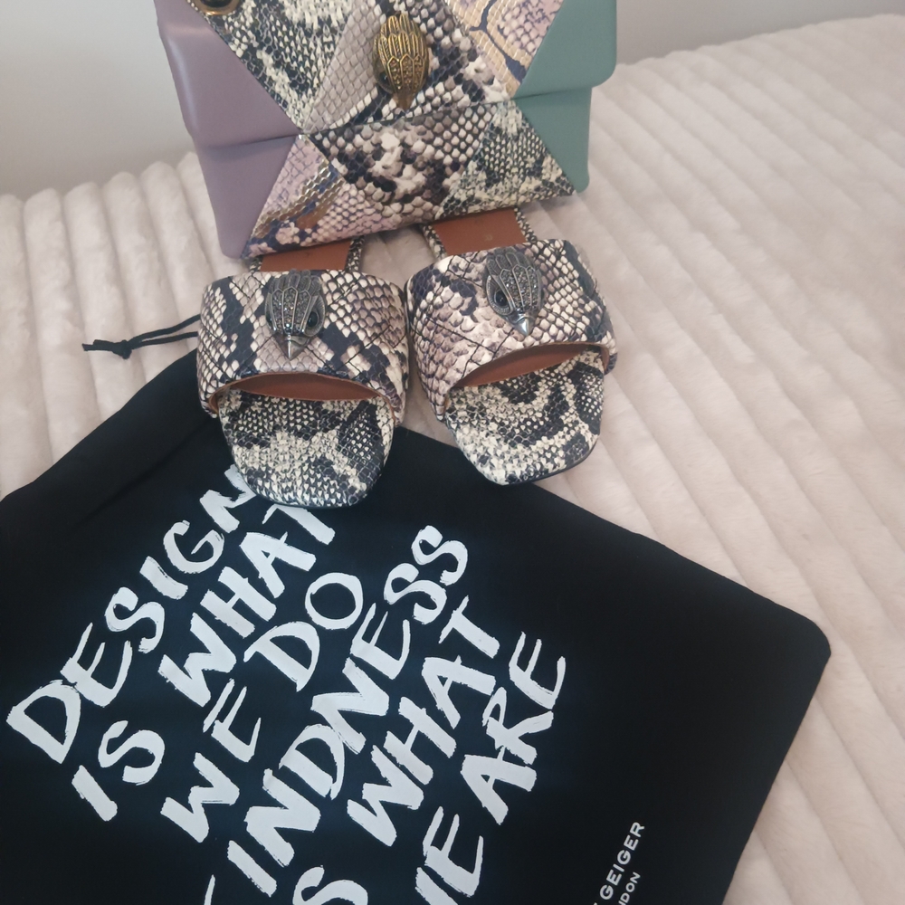 Kurt Geiger Multicolor Snake-Print Clutch and Matching Slides Boho Style